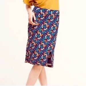 Anthro Maeve Geometrique Midi Pencil Skirt w/slit blue & gold sz medium
